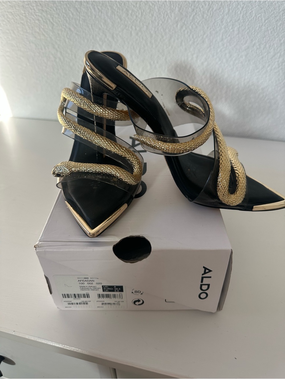 Aldo Black Pointed Toe Heels with Gold Snake Accent